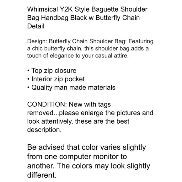 Whimsical Y2K Style Baguette Shoulder Bag Handbag Black w Butterfly Chain Detail - Picture 8 of 8